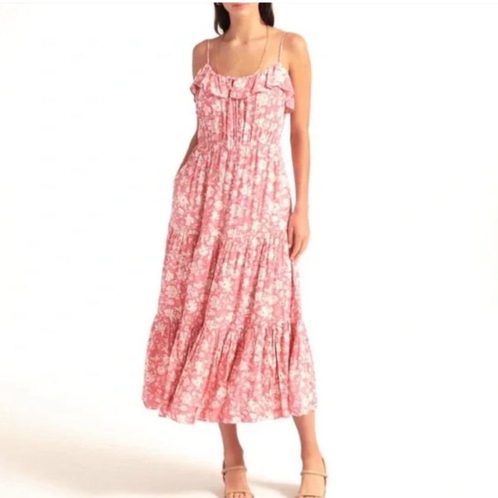 J. Crew Tiered Maxi Dress in Pink Dark Flamingo Tossed Floral